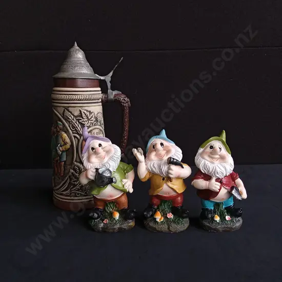 4 PIECES GNOME FIGURINES AND VINTAGE GERMAN BEER JUG