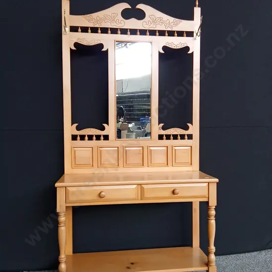 COLONIAL KAURI HALL STAND WITH CARVED DETAILS A MIRROR AND 2 HOOKS L1M D37CM H2M
