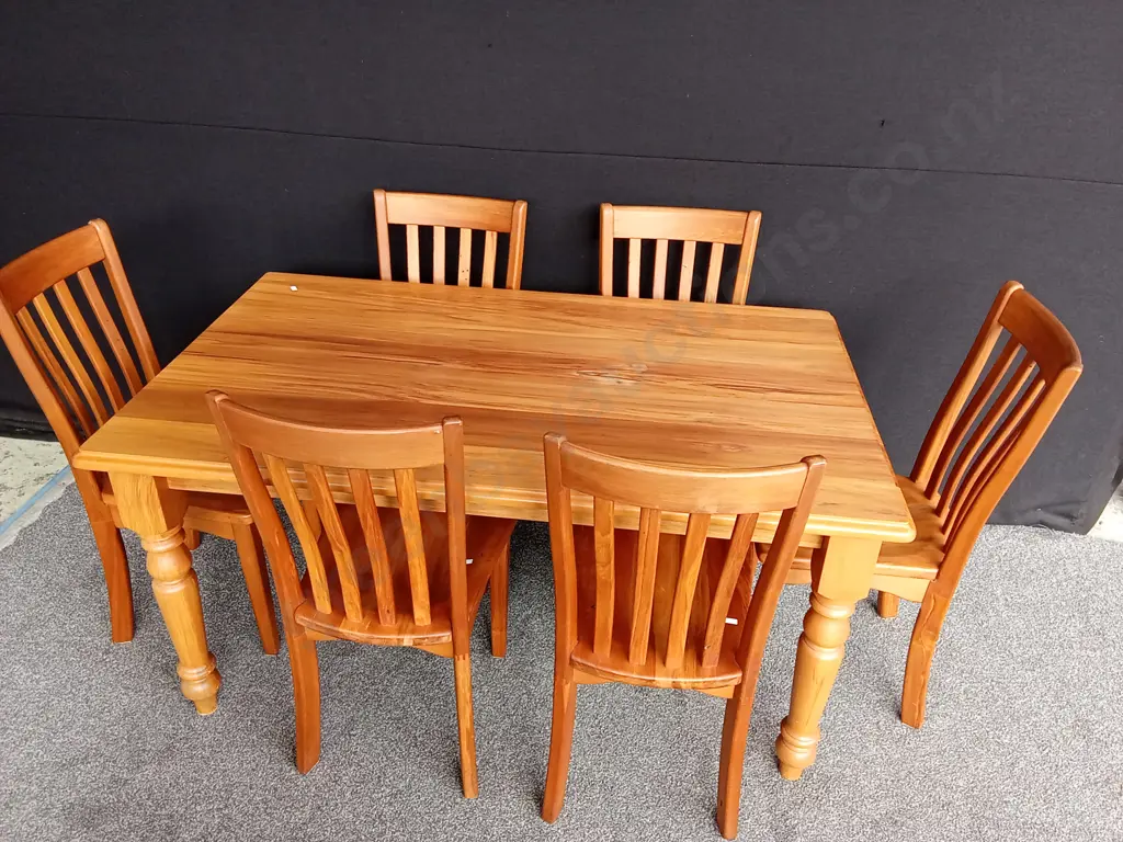 RECYCLED RIMU DINING TABLE WITH TURNED LEGS L150CM D90CM H77CM AND 6 CHAIRS Image 1++