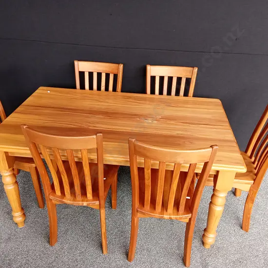 RECYCLED RIMU DINING TABLE WITH TURNED LEGS L150CM D90CM H77CM AND 6 CHAIRS