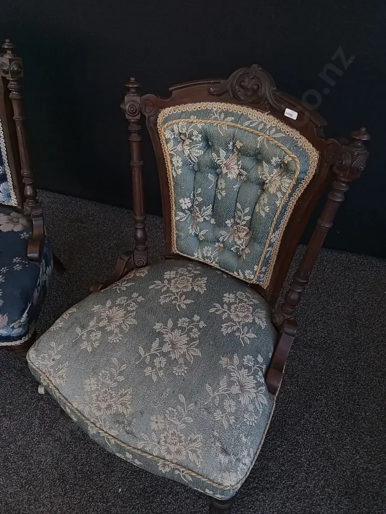 PAIR OF VINTAGE CHAIRS WITH FLORAL UPHOLSTERY, DAMAGE ON LIGHT BLUE CHAIR Image 1++