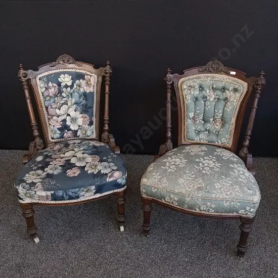 PAIR OF VINTAGE CHAIRS WITH FLORAL UPHOLSTERY, DAMAGE ON LIGHT BLUE CHAIR