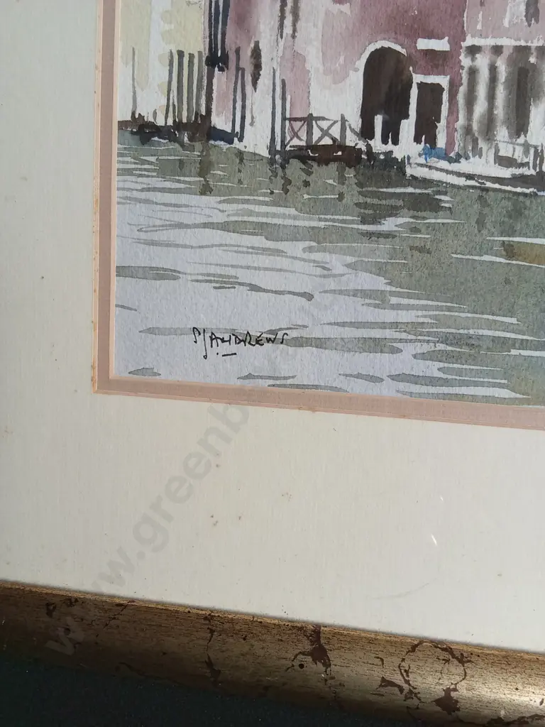 LARGE FRAMED CANAL WATERCOLOUR PAINTING SIGNED S. J. ANDREWS Image 1++