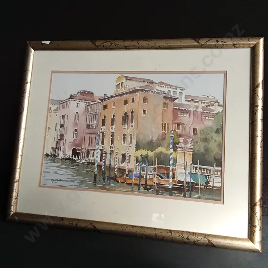 LARGE FRAMED CANAL WATERCOLOUR PAINTING SIGNED S. J. ANDREWS