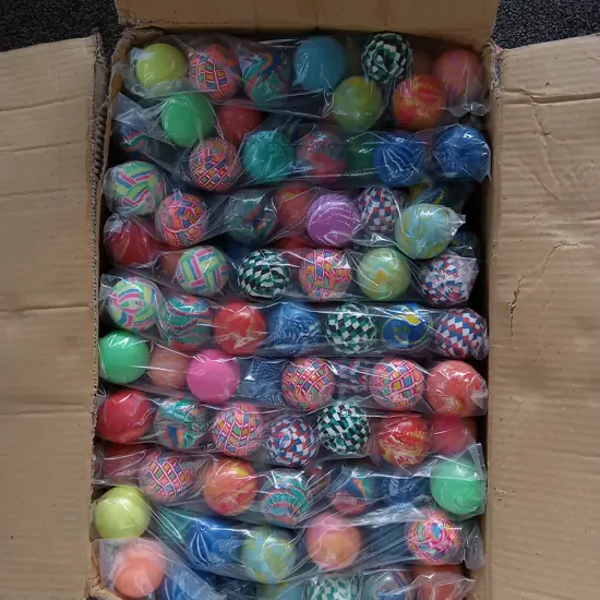 BOX OF LARGE RUBBER BOUNCY BALL STOCK FOR GUMBALL/TOY VENDING MACHINE