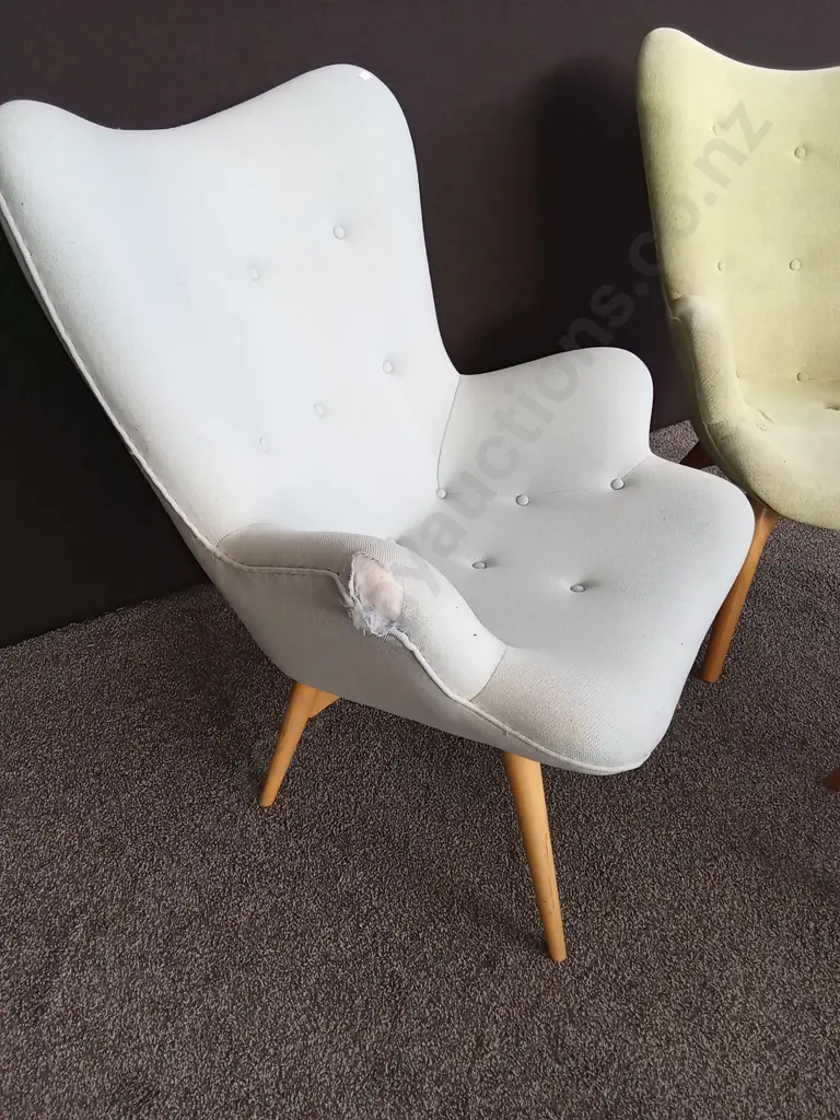 PAIR OF LOUNGE CHAIRS AND ONE FOOTSTOOL. BLUE CHAIR HAS DAMAGE Image 1++