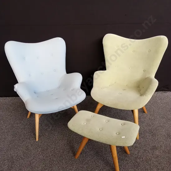 PAIR OF LOUNGE CHAIRS AND ONE FOOTSTOOL. BLUE CHAIR HAS DAMAGE