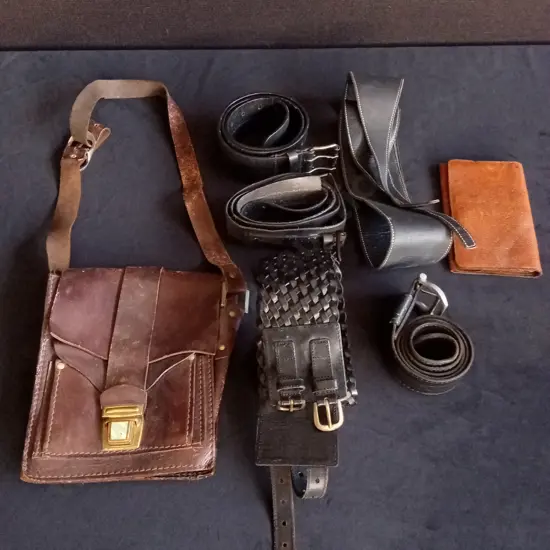 7 PIECES GENUINE LEATHER ITEMS, BELTS, BAG, WALLET