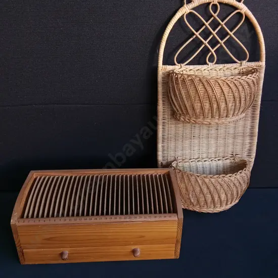 WOODEN MEDIA ORGANISER AND RATTAN WALL MOUNTED ORGANISER