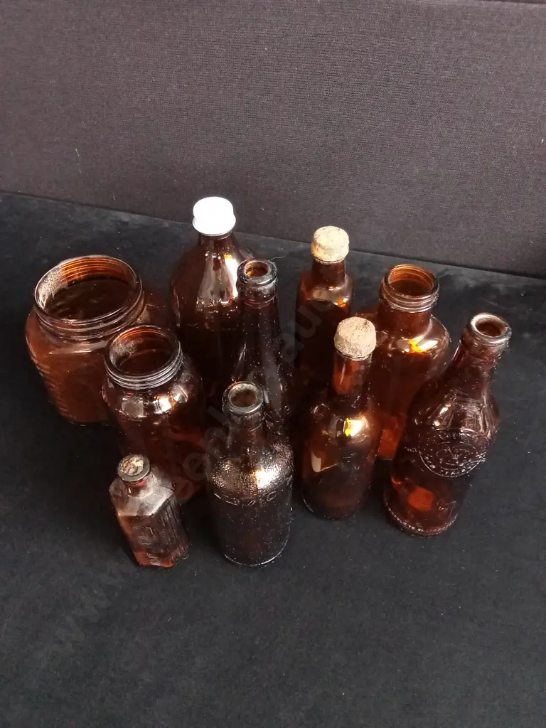10 PIECES AMBER GLASS BOTTLES Image 1++