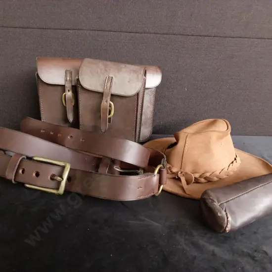 LEATHER HAT, 2 LEATHER BELTS, 3 SMALL LEATHER BAGS AND AN UMBRELLA
