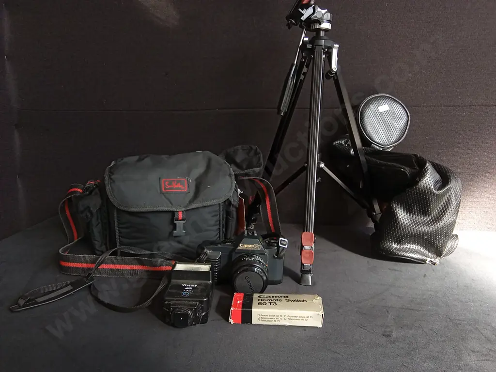CANON T59 35MM FILM CAMERA AND ACCESSORIES, INCLUDING TRIPOD WITH CASE, CAMERA BAG FULL OF EQUIPMENT Image 1++