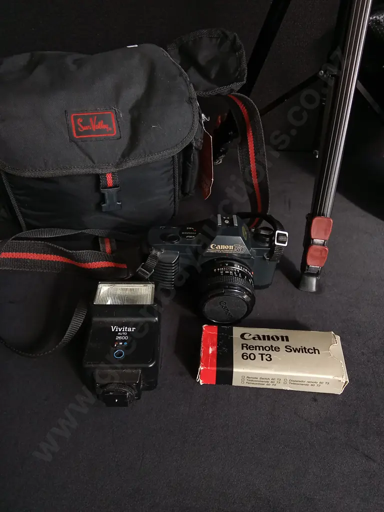 CANON T59 35MM FILM CAMERA AND ACCESSORIES, INCLUDING TRIPOD WITH CASE, CAMERA BAG FULL OF EQUIPMENT Image 1++