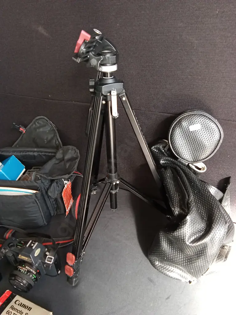 CANON T59 35MM FILM CAMERA AND ACCESSORIES, INCLUDING TRIPOD WITH CASE, CAMERA BAG FULL OF EQUIPMENT Image 1++