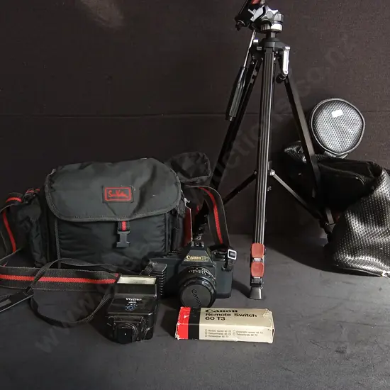 CANON T59 35MM FILM CAMERA AND ACCESSORIES, INCLUDING TRIPOD WITH CASE, CAMERA BAG FULL OF EQUIPMENT