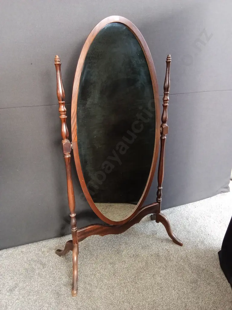 FREESTANDING OVAL MAHOGANY FRAMED MIRROR 154CM HIGH X 88CM WIDE AT BASE Image 1++