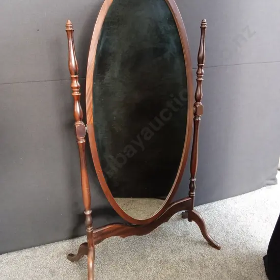 FREESTANDING OVAL MAHOGANY FRAMED MIRROR 154CM HIGH X 88CM WIDE AT BASE