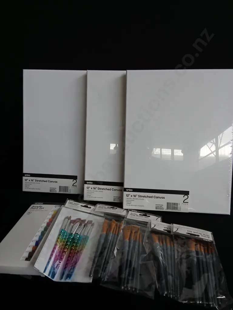 9 PIECES BRAND NEW PAINT, BRUSHES AND CANVASES Image 1++