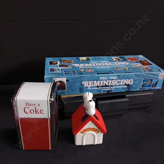 4 PIECES MIX OF VINTAGE ITEMS, BOARD GAME, COKE NAPKIN HOLDER, SNOOPY MONEY BOX, VHS TAPE STORAGE