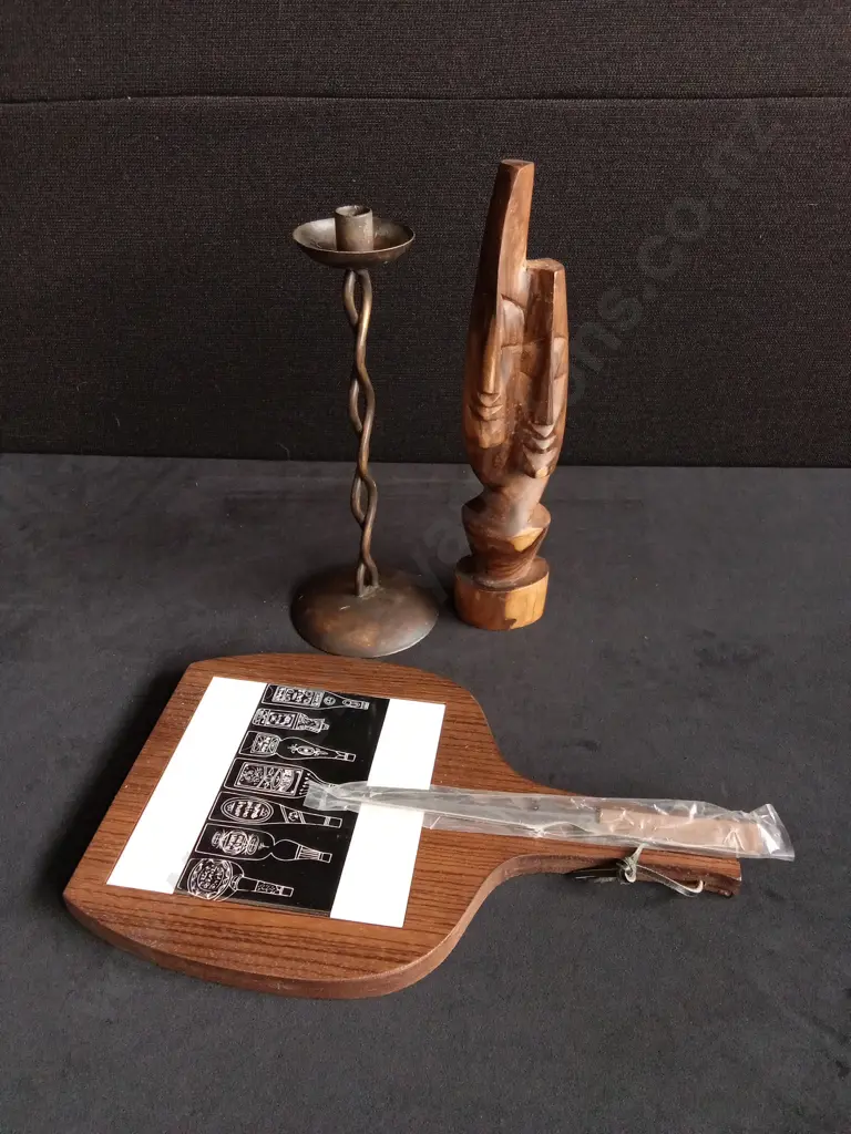 3 PIECES CHEESE BOARD SET, CARVED WOODEN FIGURE AND COPPER CANDLE STICK Image 1++