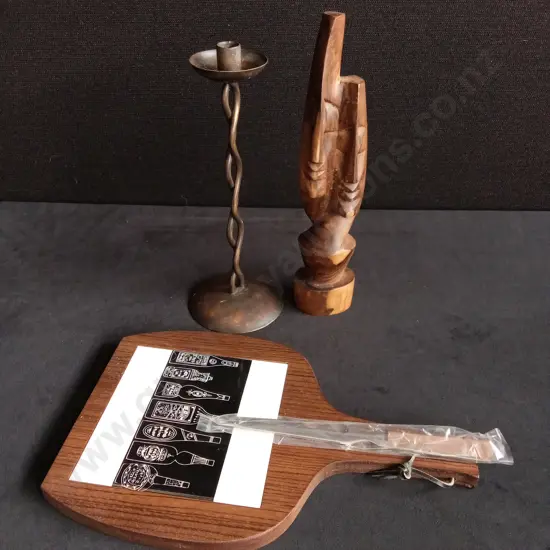 3 PIECES CHEESE BOARD SET, CARVED WOODEN FIGURE AND COPPER CANDLE STICK