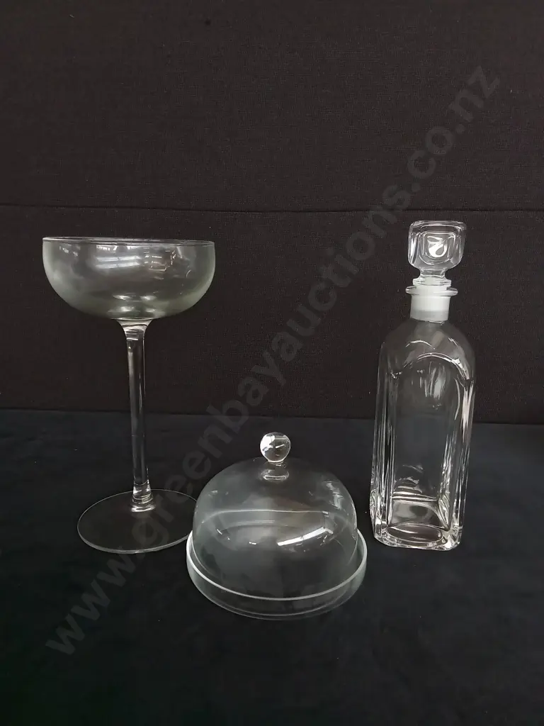 GLASS DECANTER CHAMPAGNE GLASS VASE AND STUDIO CHRYSANTHEMUM FROSTED PLATTER AND BOWL Image 1++