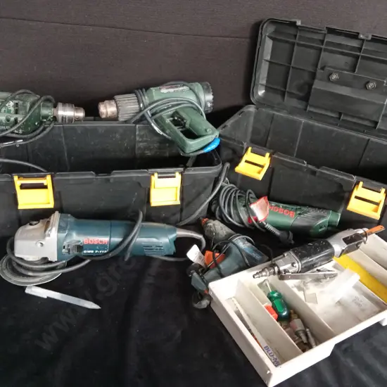 TOOLBOX OF PNEUMATIC TOOLS PLUS TOOLBOX OF MULTI TOOL, DRILL, ANGLE GRINDER AND HEAT GUN
