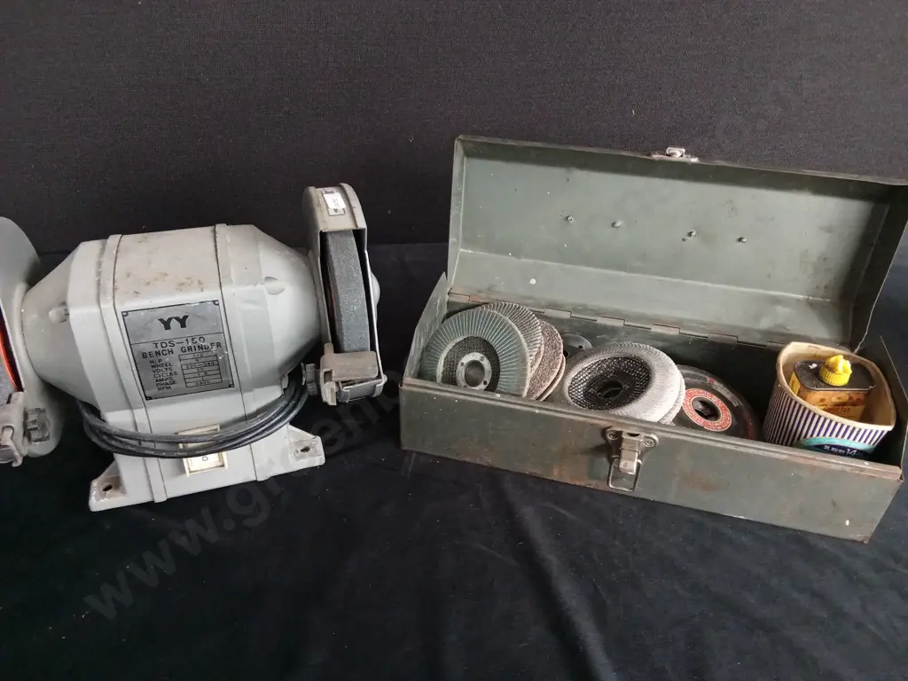 BENCH GRINDER AND WITH BOX OF EXTRA PARTS Image 1++