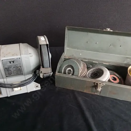 BENCH GRINDER AND WITH BOX OF EXTRA PARTS