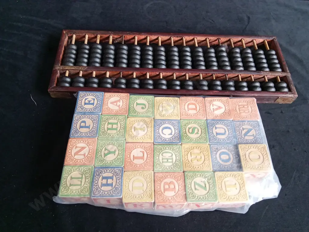 CHINESE WOODEN ABACUS AND VINTAGE WITH ABC BLOCKS Image 1++
