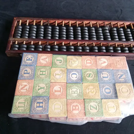 CHINESE WOODEN ABACUS AND VINTAGE WITH ABC BLOCKS