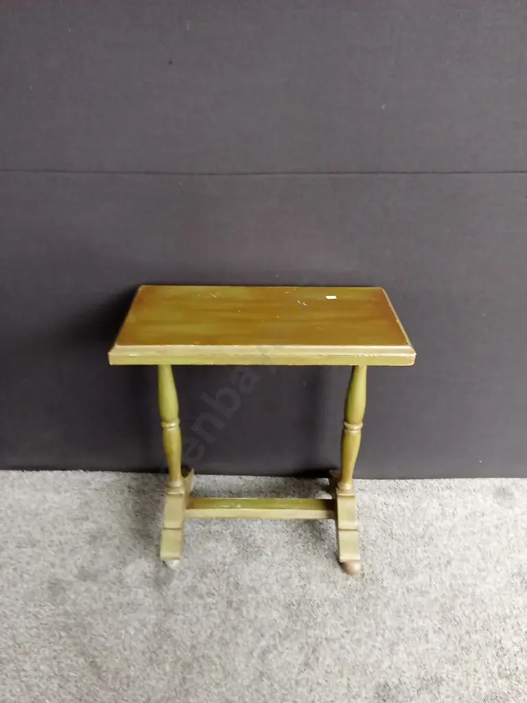 VINTAGE GREEN CONSOLE TABLE WITH TURNED PEDASTOOL LEGS AND SMALL CASTERS L80CM H78CM D34CM Image 1++