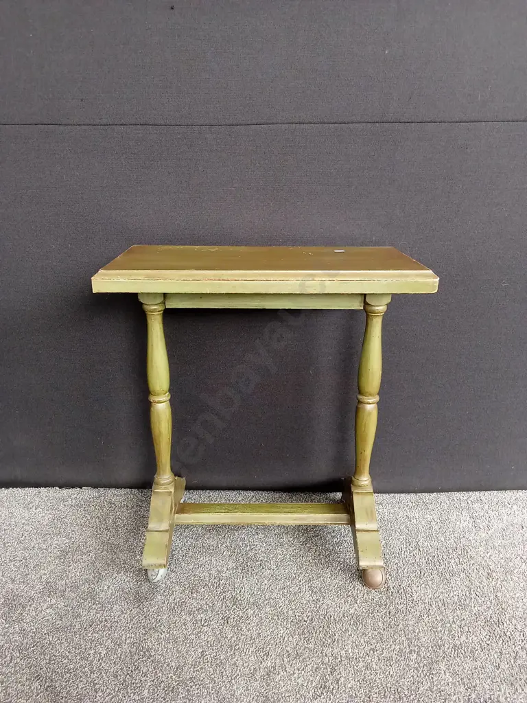 VINTAGE GREEN CONSOLE TABLE WITH TURNED PEDASTOOL LEGS AND SMALL CASTERS L80CM H78CM D34CM Image 1++