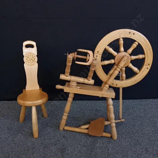 WOODEN LOUET SPINNING WHEEL WITH MATCHING STOOL