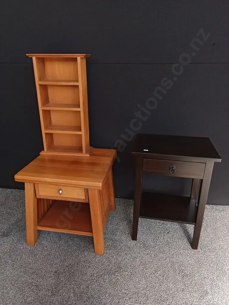 3 PIECES, WOODEN SIDE TABLES AND SMALL SHELF Image 1++