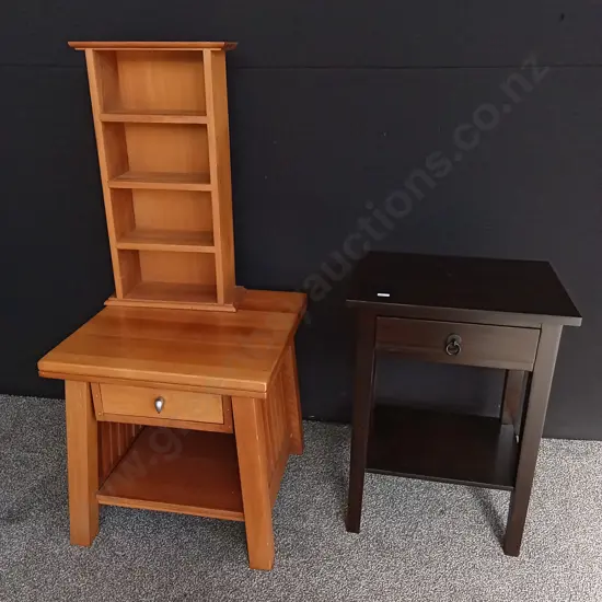 3 PIECES, WOODEN SIDE TABLES AND SMALL SHELF
