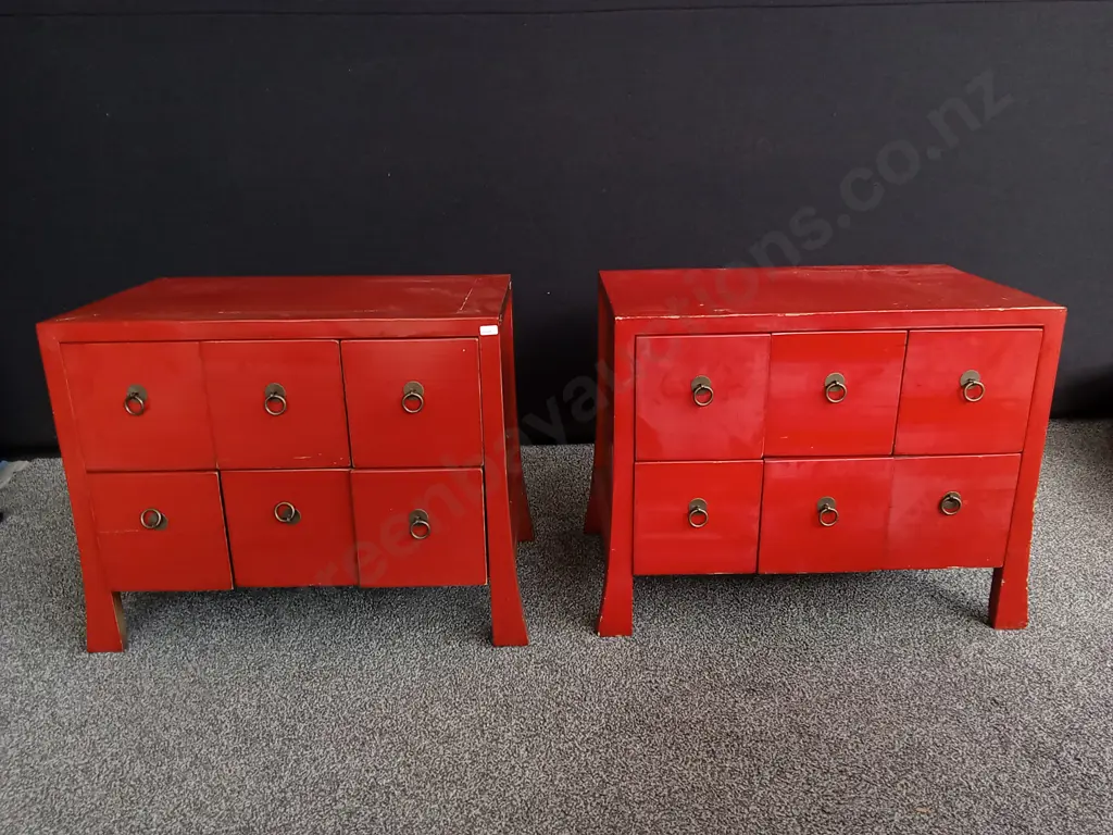 PAIR OF RED LACQUER CHINESE STYLE BEDSIDE TABLES H 54CM X L 66 CM X D 40 CM Image 1++