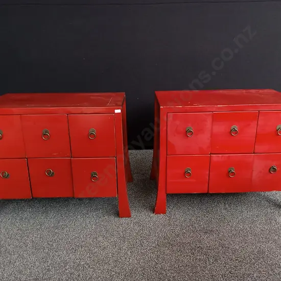 PAIR OF RED LACQUER CHINESE STYLE BEDSIDE TABLES H 54CM X L 66 CM X D 40 CM
