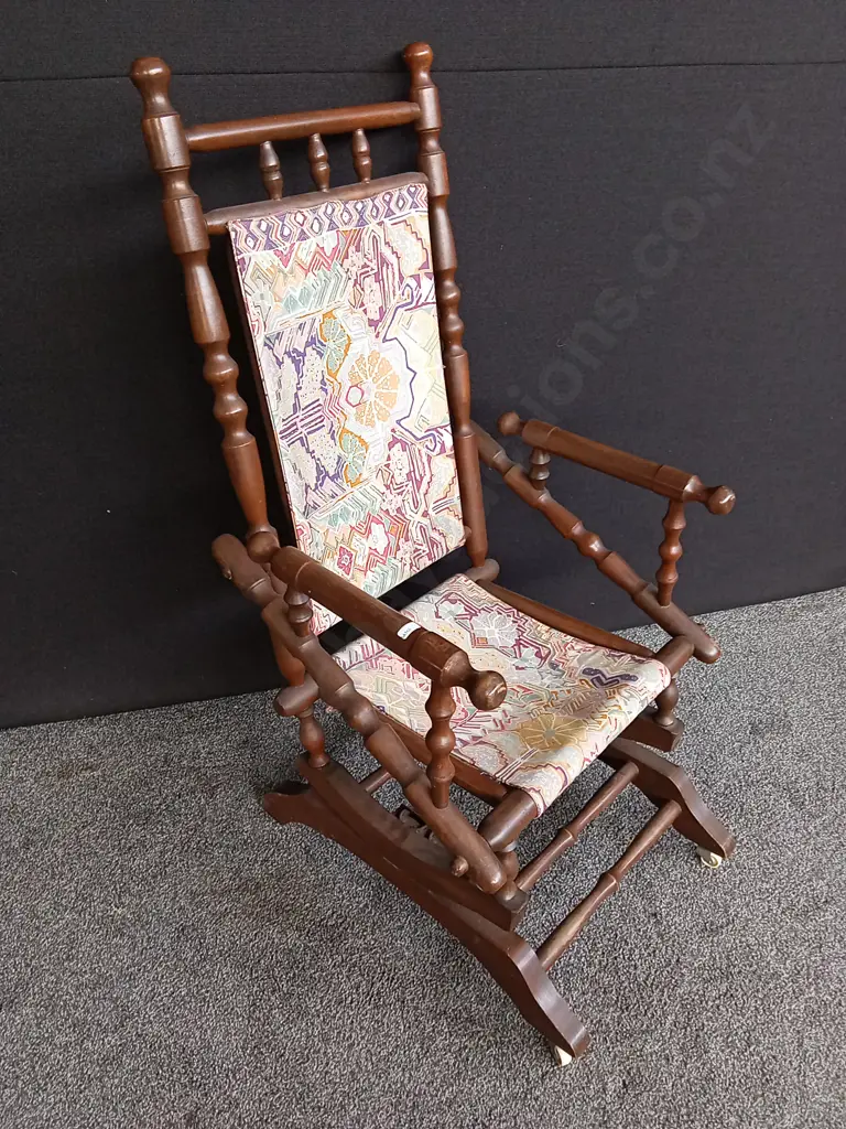 VINTAGE ROCKING CHAIR WITH FLORAL TAPESTRY UPHOLSTERY Image 1++