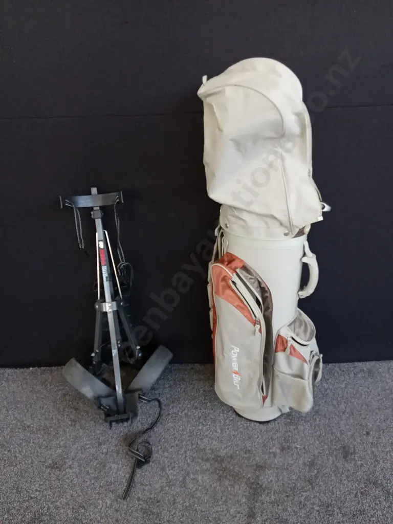 POWER BILT GOLF BAG WITH 10 GOLF CLUBS AND A HIPPO DELUXE CART Image 1++