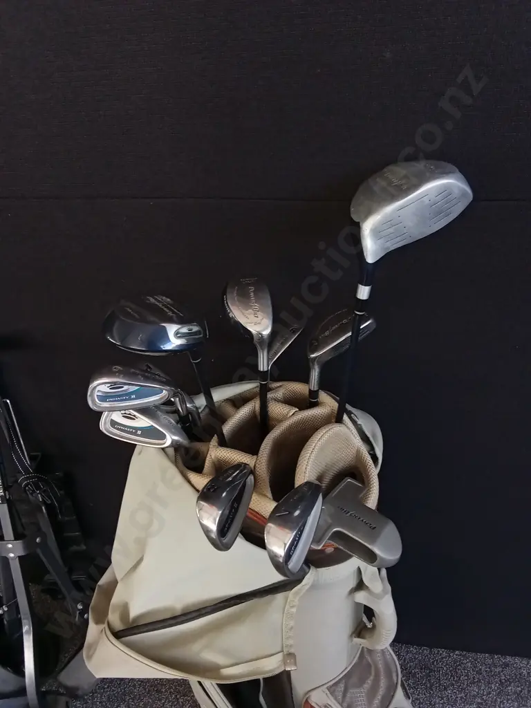 POWER BILT GOLF BAG WITH 10 GOLF CLUBS AND A HIPPO DELUXE CART Image 1++