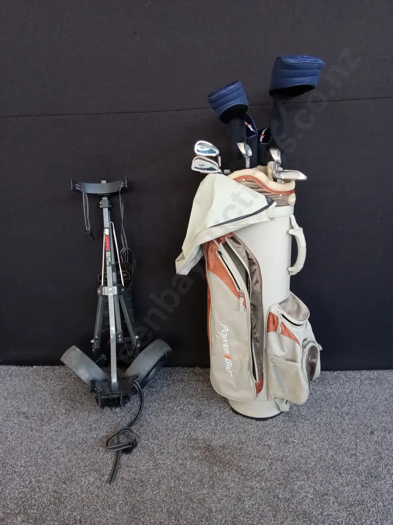 POWER BILT GOLF BAG WITH 10 GOLF CLUBS AND A HIPPO DELUXE CART Image 1++