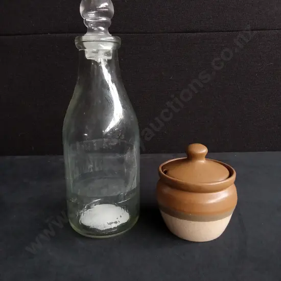 VINTAGE MILK BOTTLE AND CERAMIC PICKLE JAR