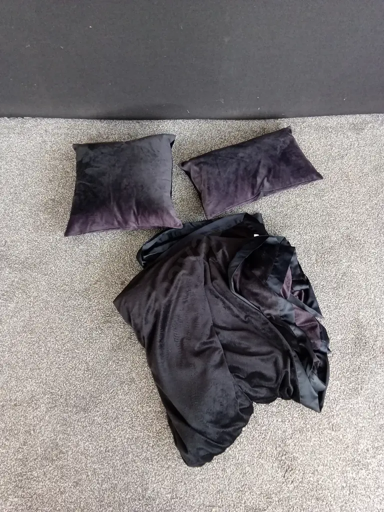 SET OF BLACK VELVET CUSHIONS AND BLANKET Image 1++