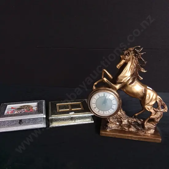HORSE TABLE CLOCK AND 2 DECORATIVE BOXES