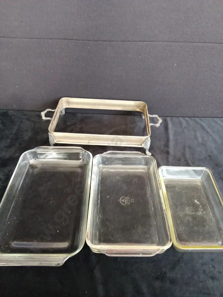 VINTAGE METAL SERVING DISH AND 3 GLASS DISHES Image 1++