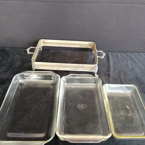 VINTAGE METAL SERVING DISH AND 3 GLASS DISHES