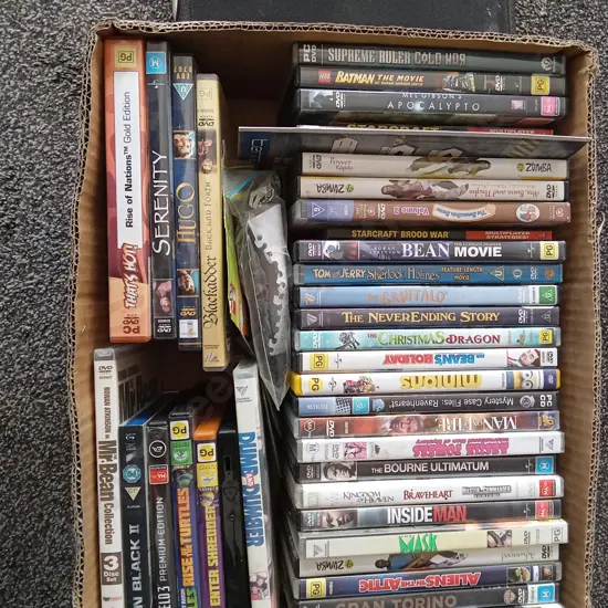 BOX OF DVDS AND VIDEO GAMES