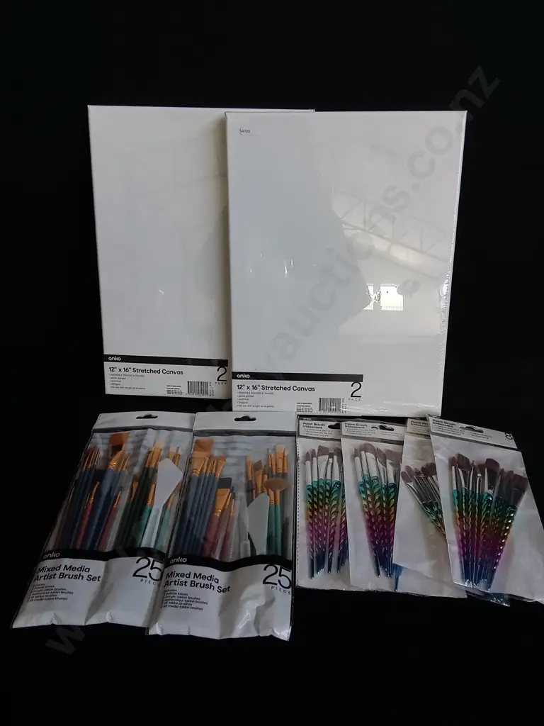 8 PIECES BRAND NEW CANVASES AND PAINTBRUSHES Image 1++