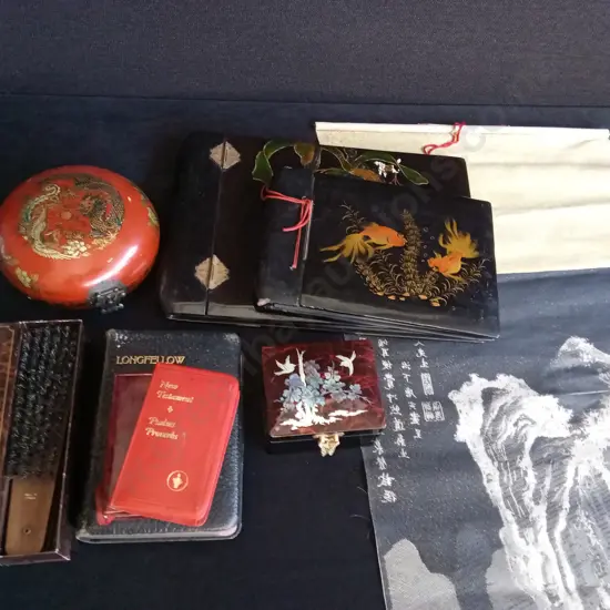 MIX OF ITEMS, INCLUDING PHOTO ALBUMS, DECORATIVE BOXES AND SCROLL